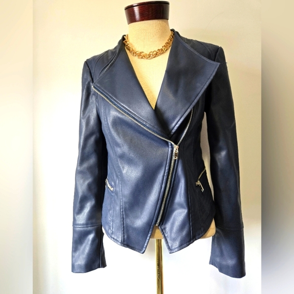 WILLI SMITH Navy Faux Leather Fitted Moto Jacket. Size Small - Picture 1 of 16